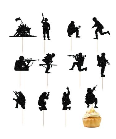 Military Themed Soldier Cake Toppers - 12 Pieces Paper Cups Black Glitter Soldier's Day Veterans Men's Birthday Navy Army Special Forces Decorations