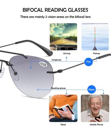 Koosufa Frameless Bifocal Reading Sunglasses for Men & Women - Anti-Blue Light UV Protection Outdoor Reading Aid (1.0 - 4.0 2 Colors) - Buy Online on GoSupps.com