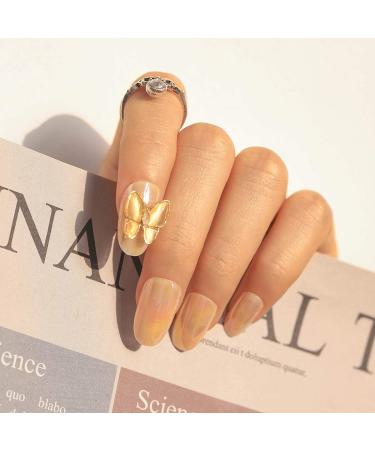 Sethexy shiny oval medium false nails sparkle butterfly fingers fingernail gold bling press on nails 24st acrylic art nail tips for women and girls