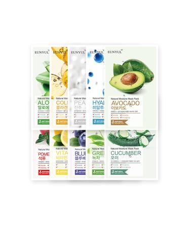 [PACK OF 10] EUNYUL Natural Sheet Mask Variety Pack - Korean Skincare with Aleo, Collagen, Pearl, Hyaluron, Avocado, Pomegranate, Vitamin, Blueberry, Green Tea, and Cucumber - Buy Online on GoSupps.com