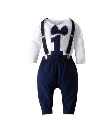 Haokaini Baby Boy First Birthday Clothes Boy Bow Tie Romper Bodysuit Cake Smash Outfits Navy Blue 18-24 Months