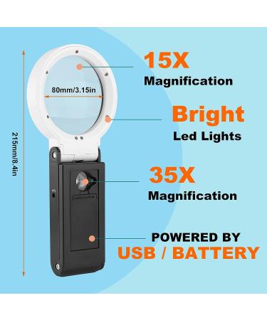 Anourney 15X 35X Magnifying Glass with Light, Stand & LED Illumination - Folding Handheld Standing Magnifier for Seniors, Coins, Stamps, Map, Jewelry - 80MM - Buy Online on GoSupps.com
