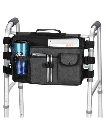 supregear Double Side Walker Bag, Walker Accessory Basket with 9 Pockets and Large Compartment for Walker Rollator Wheelchair, Water Resistant Walker Organizer Pouch with Handle and Cup Holder, Black