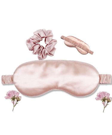 Bkofashion Sleep Mask for Women - Silk Sleeping Eye Mask and Scrunchie Set - Made and Filled of 100% Mulberry Silk 22 Momme - Pink