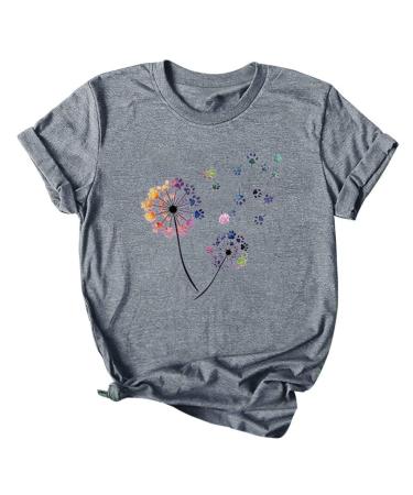 Dog Paw Print Shirts for Women and Youth Short Sleeve Graphic Tees Dandelion Crewneck T-Shirt Summer Shirt Gray Large
