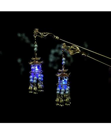 Chinese Ancient Style Lantern Hair Stick with Pearl Pendant | Metal Headdress Accessories in Light-Blue - Buy Online on GoSupps.com
