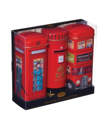 British Heritage Post Box 3x Tall Tea Tin Gift Pack with 42 Teabags