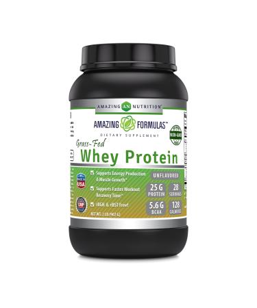 Amazing Formulas Grass-Fed Whey Protein Powder | 25 Grams Protein Supplement | Natural Sweetener and Flavor | Contains BCAA & EAA | Non-GMO | Made in USA (2 Lb Unflavored)