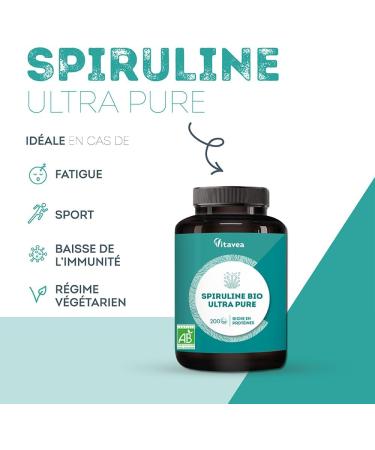 Organic Spirulina Ultra Pure 1500 mg - No Excipients Rich in Proteins Phycocyanin Iron Antioxidants - Immunity Fatigue - 200 Tablets - Vegan - Made in France Vitavea - Buy Online on GoSupps.com