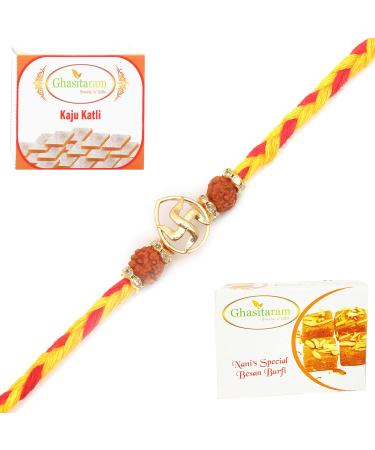Ghasitaram Gifts Rakhi for Brother Rakhis Online - RM605 - Swastik Rudraksh Bracelet Rakhi with 200 GMS of Besan Barfi and 200 GMS of Kaju Katli Rakhi Set with 200 gms of Besan Barfi & Kaju Katli