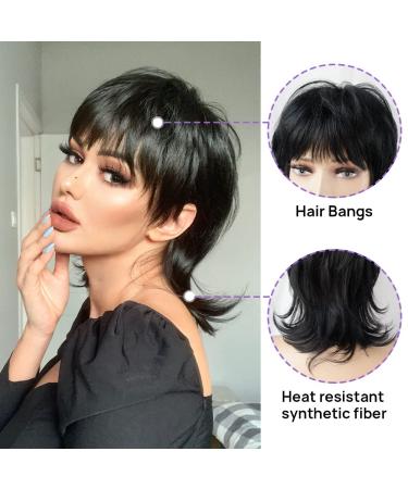 StrRid Short Black Shaggy Layered Mullet Wig with Bangs - Curly Synthetic Hair Replacement for Women - Perfect for Daily Wear, Parties, and Cosplay - Black - Buy Online on GoSupps.com