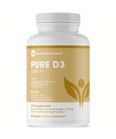Pure D3 Vitamin D3 5000 IU Natural Vitamin D Supplements (Cholecalciferol) - Immune Support Healthy Muscle Function & Bone Health - 90 Mini Softgels
