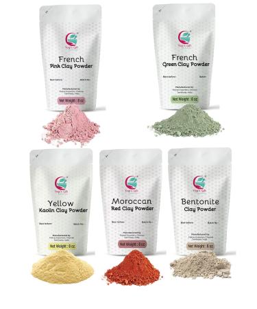 Pack of 5 Clays for Mask Making & Soap Making | Rose Clay French Green Clay Kaolin Clay Moroccan Red Clay and Bentonite Clay | 8oz Each | Best Variety Pack for DIY Projects | by Yogi s Gift Pack of 5 Clays (8oz Each...