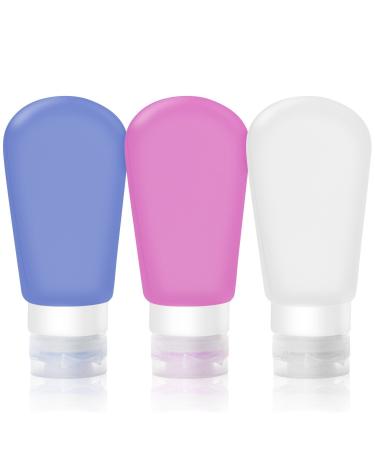 Silicone travel bottle set with leak-proof cap ONE set of 3 pieces/Colors: Blue White and Pink/Airplane portable