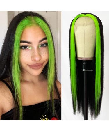QD-Tizer Synthetic Lace Front Wigs Black Color Long Straight Hair Fluorescent Green Highlights Light Yaki Heat Resistant Fiber Natural Hair Line Middle Part #FG16