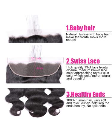 Brazilian Body Wave Human Hair Bundles with 13X4 Frontal Closure - 100% Unprocessed Virgin Hair - Natural Color - 3 Bundles + Free Part Closure - 12 14 16 + 10 - Buy Online on GoSupps.com
