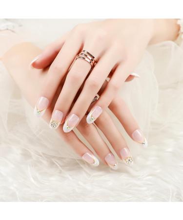 Justotry 3D Flower Oval Short False Nails - White French Press On Nails for Wedding - Nail Glue Included - Almond Medium Stick On Nails - Women's Nail Art - Buy Online on GoSupps.com