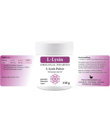  Original Pharno L-Lysine Powder 150g - 100% Pure Lysine Essential Amino Acid Highly Dosed Vegan Good Solubility & Tasteless - For Drinks & Smoothies Without Additives - Original Pharno - Buy Online on GoSupps.com