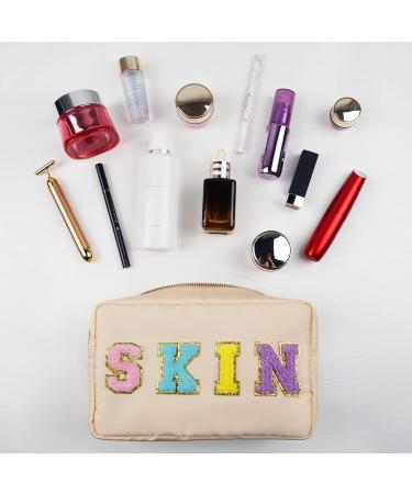 Chenille Letter Nylon Waterproof Makeup Bag for Women - Beige-Skin Travel Organizer Pouch for Toiletries and Cosmetics - Buy Online on GoSupps.com
