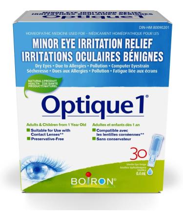 Boiron Optique 1 Eye drops used to relieve minor eye irritations such as dry itchy or red burning eyes due to allergies or computer eye strain. 30 unit-doses