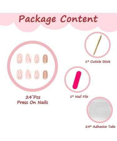 24Pcs Short Almond French Tip False Nails - Gold Glitter Swirl Design | Glossy Fake Nails with White Heart | Acrylic Stick on Nails for Women - Buy Online on GoSupps.com