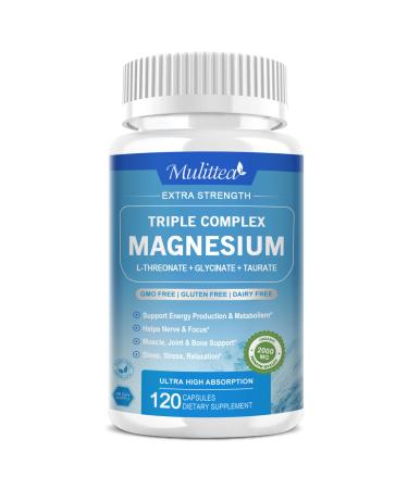 Magnesium L-Threonate Complex (2000Mg)- Max Absorption Magnesium L-Threonate Glycinate & Taurate w/L-Theanine & Apigenin Supplement for Nerv Calm Mood Stress Energy & Nighttime Support Unflavored 120 Count (Pack of 1)