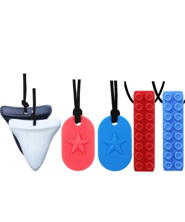Chew Necklace by GNAWRISHING - 6-Pack ( Dog Tag Shark and Building |Block)- Perfect for Autistic ADHD SPD Oral Motor Children Kids Boys and Girls (Tough Long-Lasting)