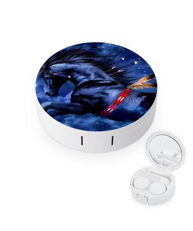 Black Horse Round Contact Lens Case Print Portable Contact Lens Box Kit with Mirror Cute