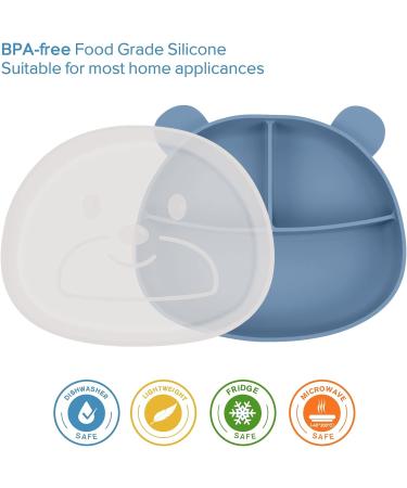 Happy T Baby Silicone Suction Plate with Lid | Toddler Self Feeding Plate | 3 Compartment Divided Dishes | Microwave & Dishwasher Safe | Non-Slip | Unbreakable | Blue - Buy Online on GoSupps.com