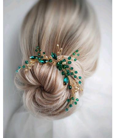 Denifery Bridal Hair Pin Emerald Gold Hair Piece Emerald Hair Clip Gold Green Hairpin Emerald Headpiece Gold Wedding Hair Accessories