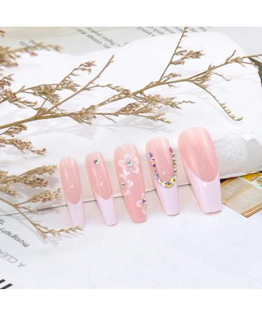 White Flower French Tip Press on Nails - 24 pcs Medium Coffin Nail Kit with Rhinestones - Elegant Acrylic False Nails for Spring - Full Cover Glossy Finish - Buy Online on GoSupps.com