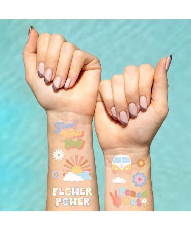 XO Fetti Groovy 70s Temporary Tattoos - 48 Glitter Styles for Flower Power Birthday Party | Good Vibes Only Favors with Smiley, Rainbow Arts and Crafts - Buy Online on GoSupps.com
