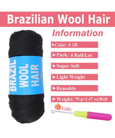 COOKOO 4 Roll Natural Black Brazilian Wool Hair Acrylic Yarn for African Crochet Hair - Jumbo Braids, Senegalese Twists, Faux Locs - 70G/Roll (1B) - Buy Online on GoSupps.com
