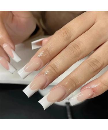 Mouyouglow press on nails medium ballerina nude pink skin color white French fake nails with nail glue natural white tips glossy artificial fingernails ... wg7