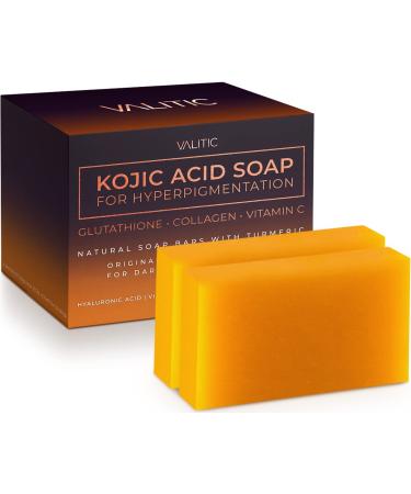 VALITIC Kojic Acid Soap for Hyperpigmentation - With Glutathione Collagen & Vitamin C - Natural Soap Bars with Turmeric - Original Japanese Complex for Dark Spot Correction - 2 Pack