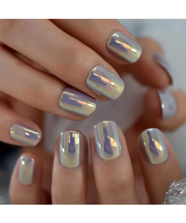 iBeautying Press on Nails - Chrome Holo Mirror False Nails | Metallic Punk Style Short Squoval Reusable Fake Nails in 10 Sizes - 24 Nail Kit with Jelly Glue Pad L6297