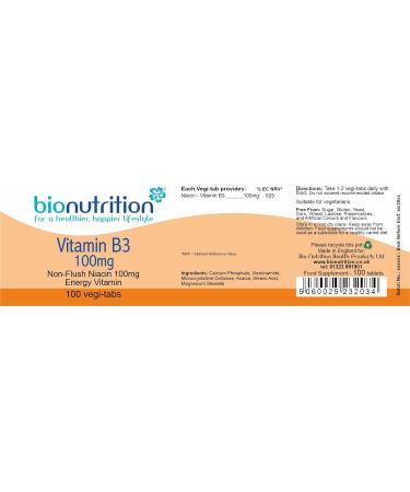 Bio Nutrition Vitamin B3 100mg - Energy and Performance Support - 100 Vegi-Tabs - Buy Online on GoSupps.com