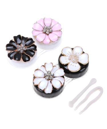 ARTIBETTER 2 Pairs Contact Lens Box Kit Rhinestone Flower Pattern Lens Travel Case Container Holder Portable Storage Box