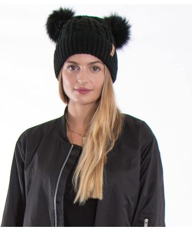 Arctic Paw Pom Pom Beanie - Cable Knit Fleece Lined Winter Hat for Women in Black - Buy Online on GoSupps.com