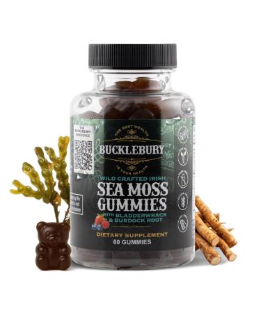 BUCKLEBURY Wild Crafted Irish Sea Moss Gummies with Bladderwrack & Burdock Root - Natural Chewable Multivitamin Vegan Sea Moss Gummies for Immune, Thyroid & Digestive Support - 60 Count