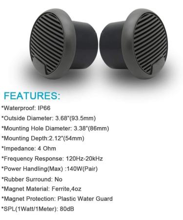 Herdio 3 Inch Waterproof Marine Speakers - 140W Full Range Motorcycle Speaker Stereo System (Pair) - Ideal for Boat, Hot tub, UTV, ATV, Golf Carts, Powersports, Car SPA - Grey - Buy Online on GoSupps.com