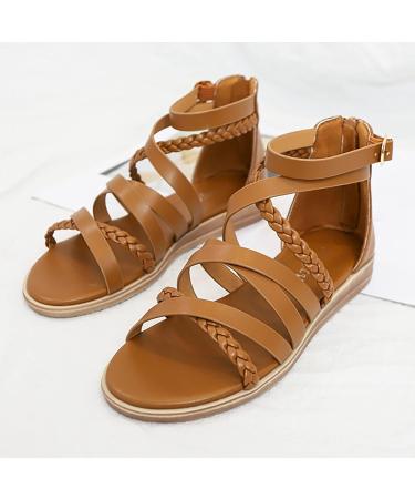 XTZYGLFD Women's Summer Wide Sandals - Woven Roman Bohemian Strappy Sandals with Zipper - Brown Size 9 UK - Buy Online on GoSupps.com