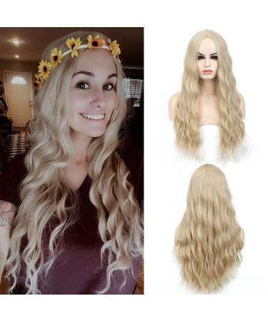 SHINYSHOW 26 inches Blond 613 long Wavy Wig Middle Part Synthetic Halloween Party Cosplay Wig for Women Blonde Wig
