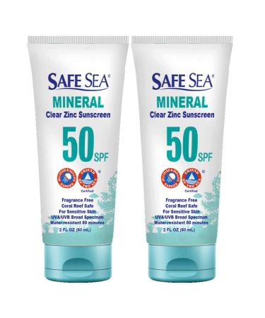 Safe Sea Zinc Oxide Sunscreen SPF50 | Clear Mineral Face Sunscreen Without White Cast | Anti-Jellyfish Sting Protective Lotion | Coral Reef Safe | Travel Size - 2Oz (60ml) Pack of 2 1 Fl Oz (Pack of 2)
