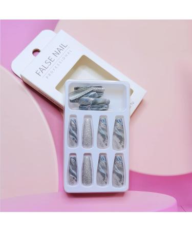 Silver Marble Square Long Press on Nails with Glitters - Luxurious Coffin Design for Women and Girls | False Nail Art Decoration - Buy Online on GoSupps.com