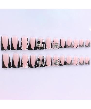 Buy BABALAL Duck Nails - Black French Tip Press-On Acrylic Nails with Star Planet Rose Charm - 24 Pcs Punk Goth Style | International Shipping - Buy Online on GoSupps.com