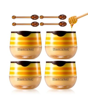 4Pcs Bee Lip Balm Honey Pot Propolis Lip Mask Moisturizing Exfoliator Nourishing Care Lip Dry and Cracked. (Honey)