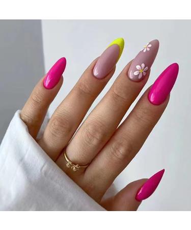 Justotry 24 pieces press on nails short yellow French artificial nails with flowers designs acrylic nails to stick on red French fake nails short for women and girls ryf