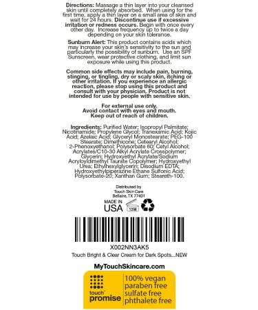 TOUCH Skin Lightening Cream for Dark Spots - Azelaic Acid Hyperpigmentation with Kojic Acid, Tranexamic Acid, Niacinamide - Age Spot, Sun Spot, Melasma Remover - Buy Online on GoSupps.com