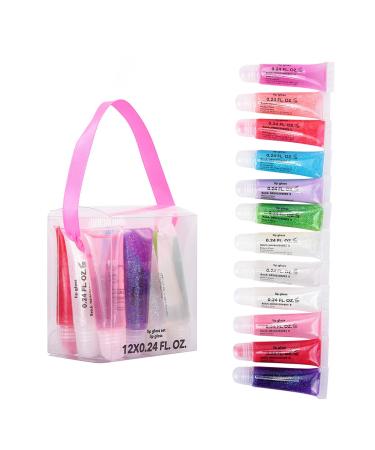 M&U Glitter Lip Gloss Set with Carrying Case 12Pcs Assorted Flavors Moisturizing Shimmer Glossy Lip Party Favor Make-up for Kids and Teens Ages 5+